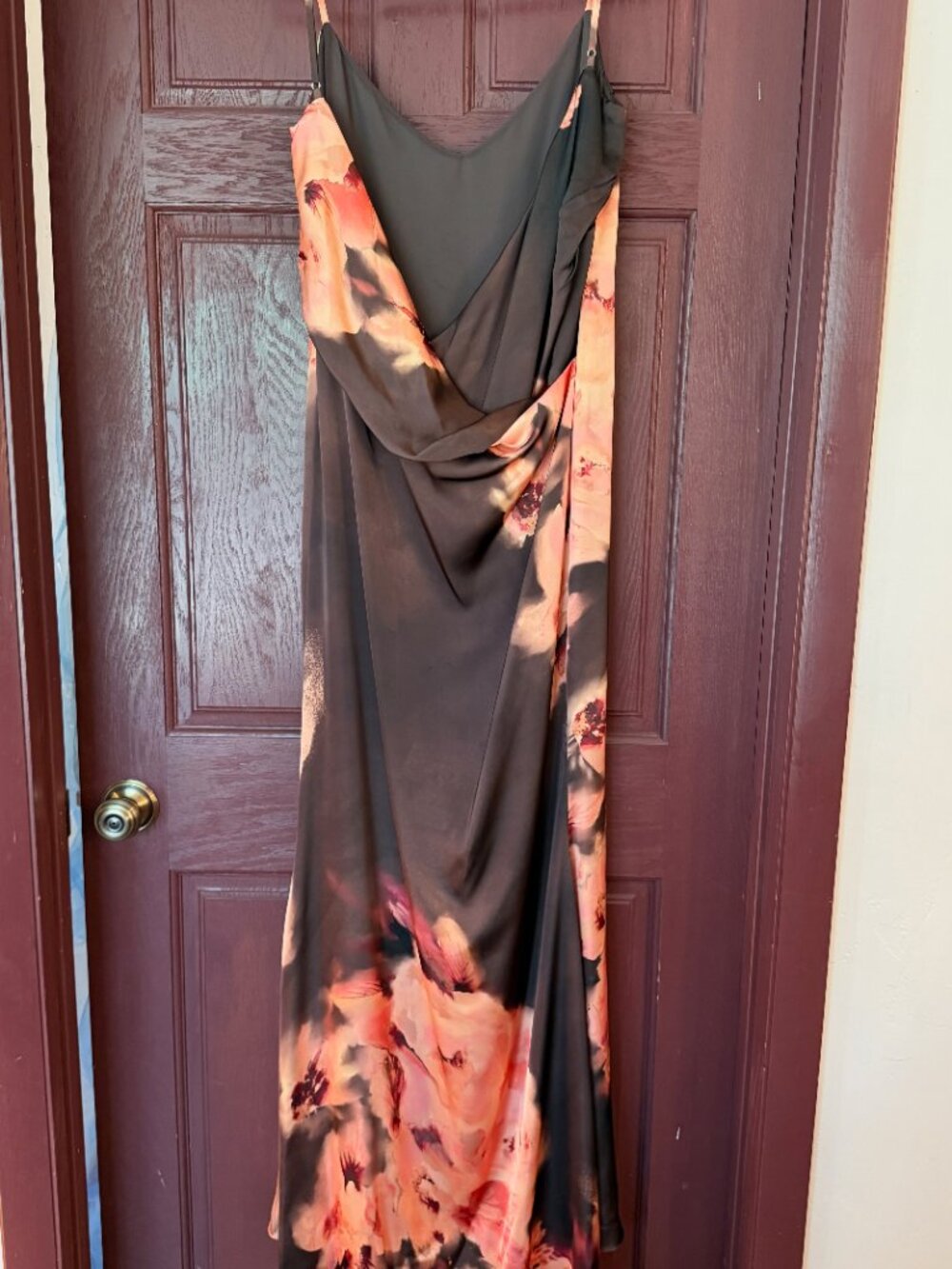 House of CB Mariamma Dark Brown Floral Printed Satin Maxi Dress - Large - Picture 4 of 7